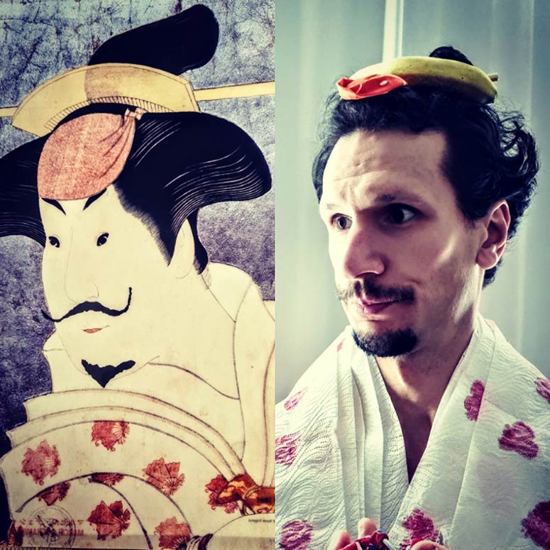 Toshusai Sharaku, Actor Iwai Hanshirō as the Wet Nurse Shigenoi, 1794, “Marcel Duchamp and Japanese Art” exhibition version, and author’s impersonation.