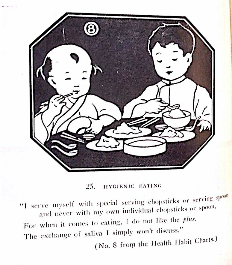 Health Habit Chart illustration of two children eating with the label "25. Hygenic Eating" and text underneath about using serving chopsticks/spoons to serve food instead of individual chopsticks/spoons