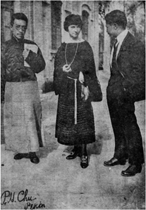Sanger (center) with Hu Shi (left) and Zhang Jingsheng (known as“Dr. Sex,” right) in Peking, 1922