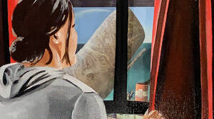 Rendering of a woman looking out the window