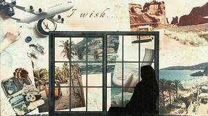 Rendering of a person looking out the window with various travel destinations